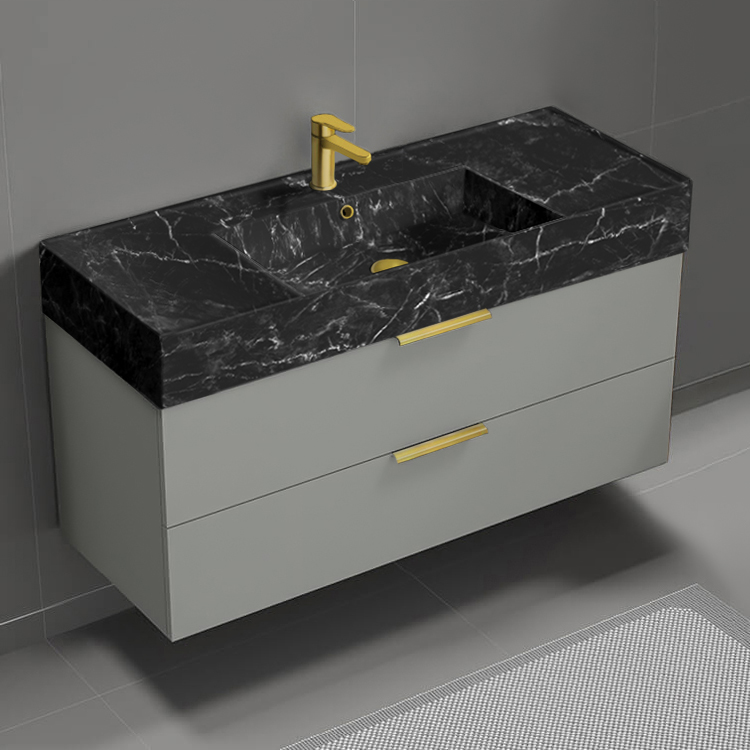 Bathroom Vanity Modern Bathroom Vanity With Black Marble Design Sink, Wall Mounted, 48 Inch, Grey Mist Nameeks DERIN939